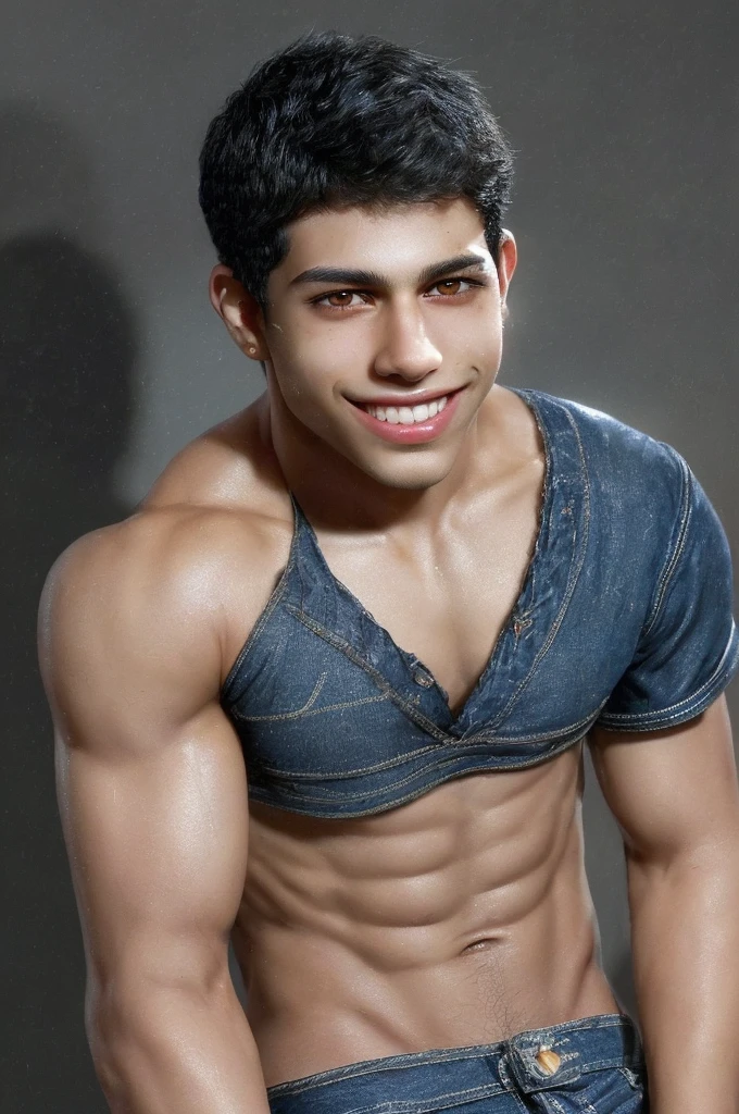 a 23 year old Brazilian mulatto boy with Indian features, short straight black hair, amber eyes, slanted eyes, smiling, defined muscular body, black denim shorts, realistic portrait, ultra-detailed, 8k, HDR, physically-based rendering, vivid colors, cinematic lighting, dramatic shadows, chiaroscuro effect, photorealistic, concept art style