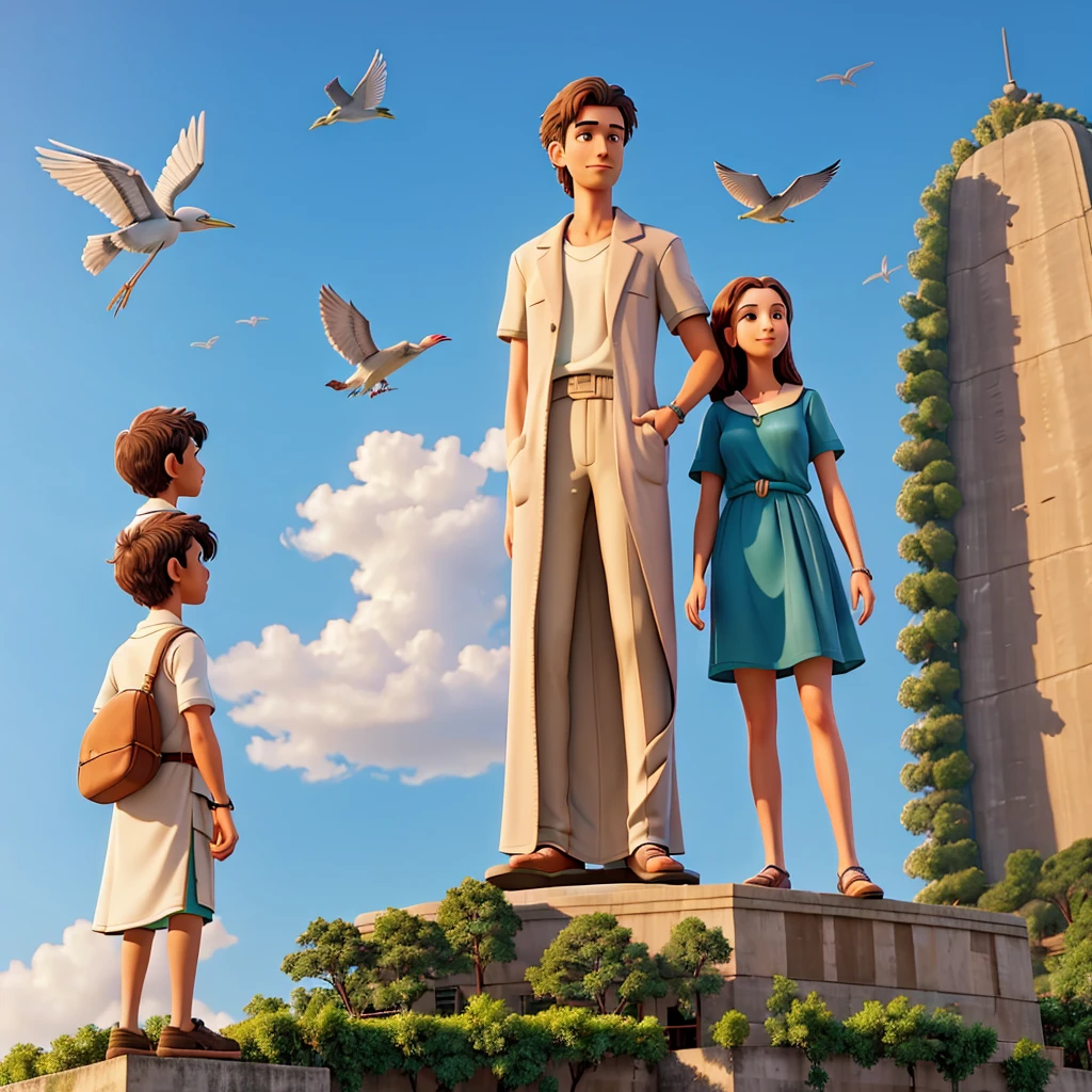 man and woman in front of Christ the Redeemer and a heron flying in the sky