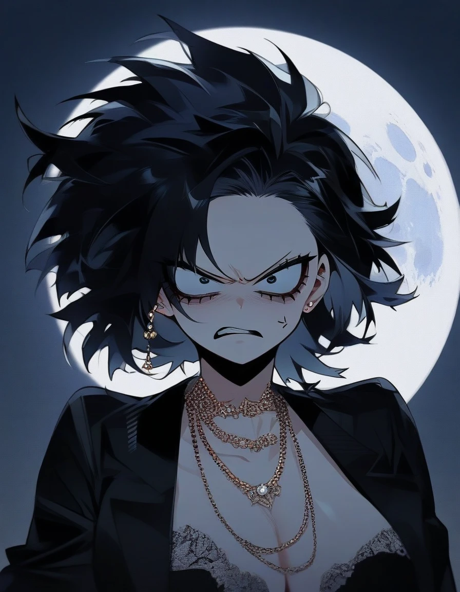 One girl, famale focus, boku no hero academia, with dark circles , mysterious ,ingenious , elegant heroin tack , black hair large , so beautiful, necklace moon ,angry