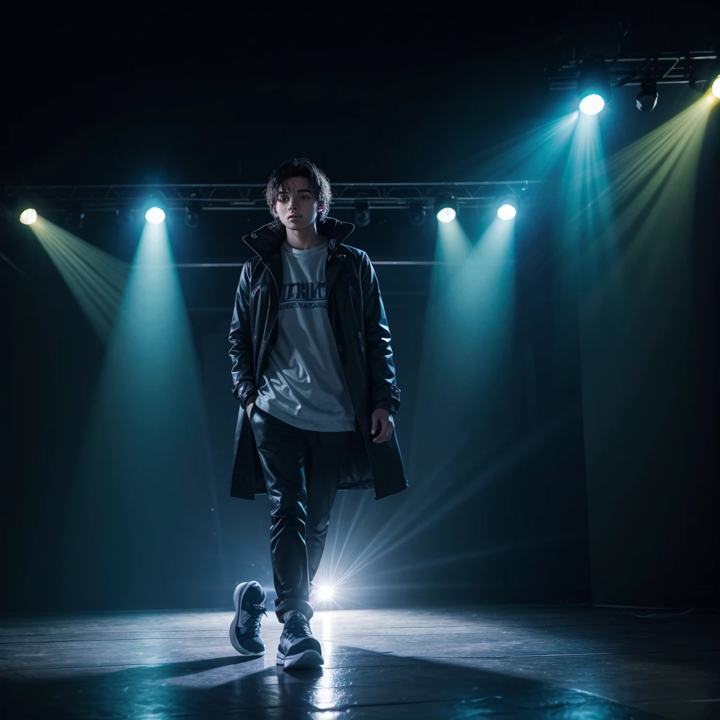 Abrigo en un escenario con luces