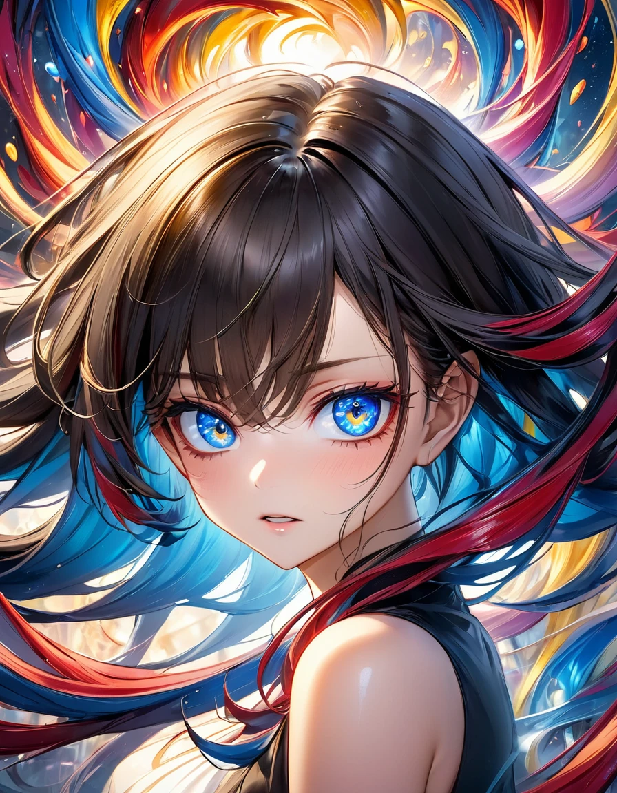 atmosfera terror dark furious evil Venom In a mesmerizing cascade of color and light, an enchanting anime girl candroites viewers with her ethereal beauty. Her delicate features are framed by cascading locks of shimmering long golden black hair, her wide, expressive eyes big BLUE red radiating with emotion. A digital painting brings this stunning character to life, depicting her in intricate detail with a seamless blend of realism and fantasy. Every brushstroke and pixel showcases the artist's skill and dedication, making this image a