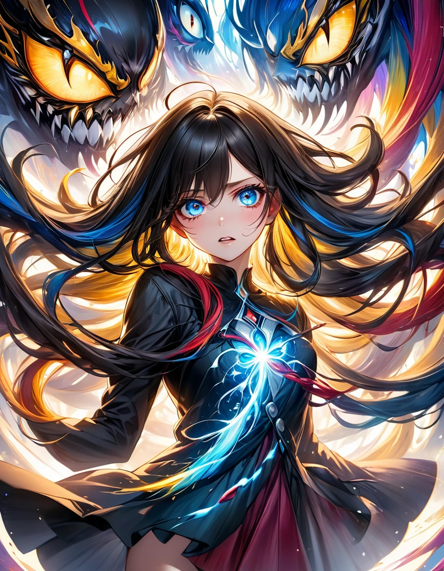 atmosfera terror dark furious evil Venom In a mesmerizing cascade of color and light, an enchanting anime girl candroites viewers with her ethereal beauty. Her delicate features are framed by cascading locks of shimmering long golden black hair, her wide, expressive eyes big BLUE red radiating with emotion. A digital painting brings this stunning character to life, depicting her in intricate detail with a seamless blend of realism and fantasy. Every brushstroke and pixel showcases the artist's skill and dedication, making this image a