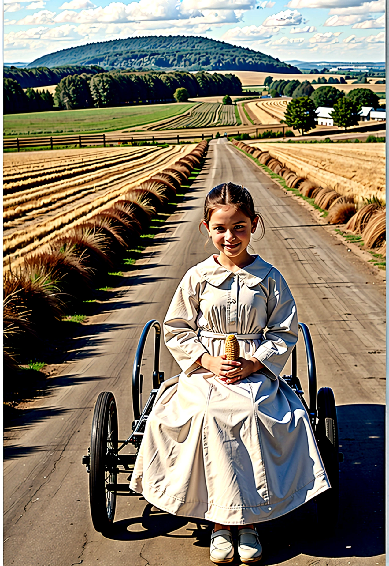 grey and white only, Book page coloring art, All-white background, Use only outlines, line art, coloring book, Clean line art, For coloring Simple and clean line art, coloring book page, perfect symmetric details, Amish Countryside: Amish farms in Pennsylvania with horse-drawn buggies traveling down country lanes, fields of ripe corn ready for harvest, a quilt hanging on a clothesline, and children playing in a sunlit meadow.