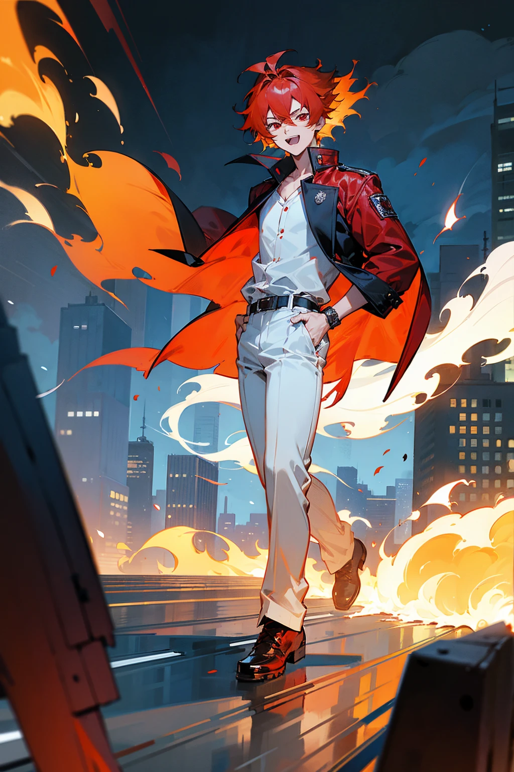 1male, flaming hair, red hair, red eyes, excited expression, wolf cut hair, black undershirt, red jacket, white pants, standing on path, hands to side, city background, detailed background