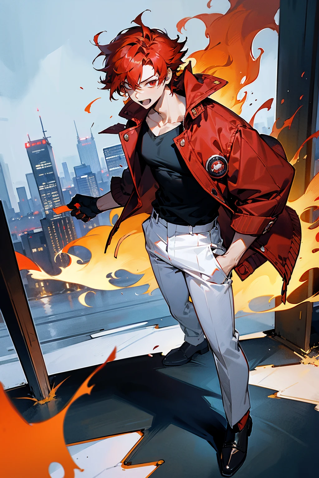 1male, flaming hair, red hair, red eyes, excited expression, wolf cut hair, black undershirt, red jacket, white pants, standing on path, hands to side, city background, detailed background