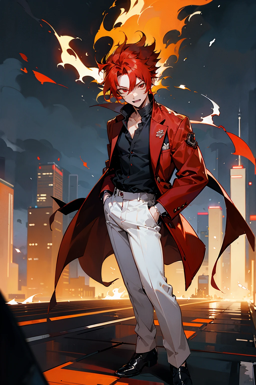 1male, flaming hair, red hair, red eyes, excited expression, wolf cut hair, black undershirt, red jacket, white pants, standing on path, hands to side, city background, detailed background