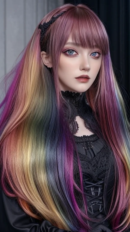 1 girl, Allein, Gothic ,kurzes, unordentliches Haar mit langen Seiten, kurzes Haar, Lidschatten, Maskara, Farbe: Spektrum, vivid Farbes, Regenbogenhaar , bright Regenbogenhaar, perfekte Augen, detaillierte Augen, Big , drinnen, Long sleeve, highly detailed portrait, Niedlich, Full body shot