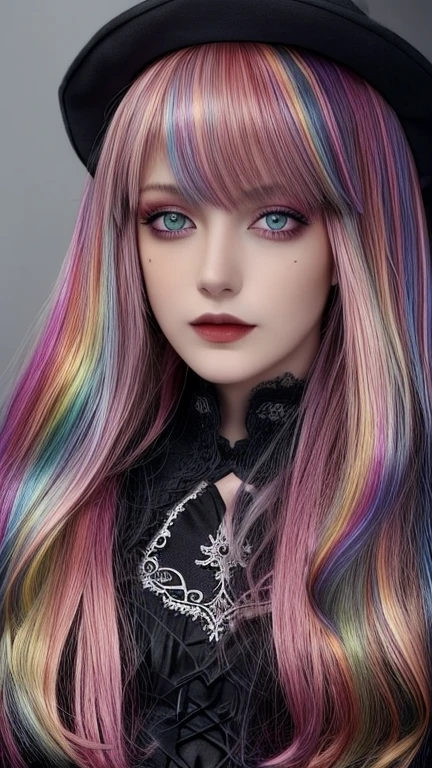 1 girl, Allein, Gothic ,kurzes, unordentliches Haar mit langen Seiten, kurzes Haar, Lidschatten, Maskara, Farbe: Spektrum, vivid Farbes, Regenbogenhaar , bright Regenbogenhaar, perfekte Augen, detaillierte Augen, Big , drinnen, Long sleeve, highly detailed portrait, Niedlich, Full body shot