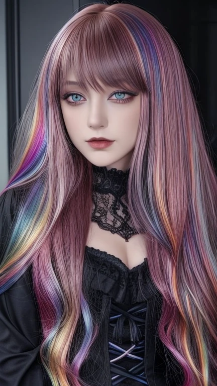 1 girl, Allein, Gothic ,kurzes, unordentliches Haar mit langen Seiten, kurzes Haar, Lidschatten, Maskara, Farbe: Spektrum, vivid Farbes, Regenbogenhaar , bright Regenbogenhaar, perfekte Augen, detaillierte Augen, Big , drinnen, Long sleeve, highly detailed portrait, Niedlich, Full body shot