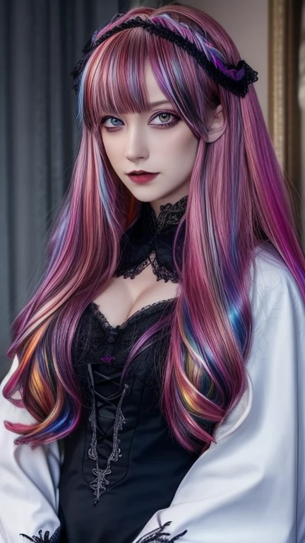 1 girl, Allein, Gothic ,kurzes, unordentliches Haar mit langen Seiten, kurzes Haar, Lidschatten, Maskara, Farbe: Spektrum, vivid Farbes, Regenbogenhaar , bright Regenbogenhaar, perfekte Augen, detaillierte Augen, Big , drinnen, Long sleeve, highly detailed portrait, Niedlich, Full body shot