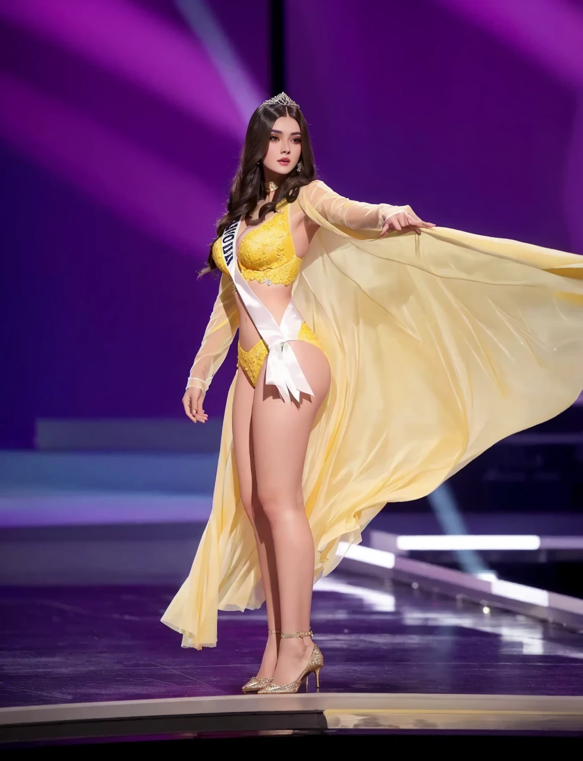 Araffe vestida con un vestido amarillo y una faja blanca., Miss Universo, julia gorokhova, anastasia ovchinnikova, rendering of beauty pageant, Dasha Taran, Victoria Gavrilenko, estilo de julia razumova, Angelina Stroganova, inspirado en Olga Rozanova, more details, bata amarilla, with yellow cloths
