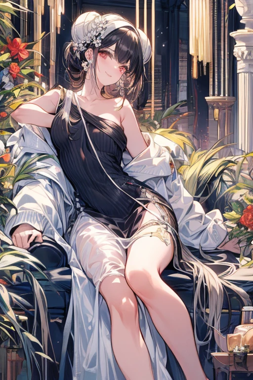 (((Masterpiece))),(((Super Detail))),(((in 8K))),(((best composition))),(((Rim lighting,Fireglow effect,deep shadow))),solo),Beautiful fingers,Detailed finger features,(Detailed hair features:1.7),(Dynamic and sexy bending pose:1.3),detailed facial features,detailed clothes features, (perky chest:1.1), (pointed chest:1.3), delicate beautiful face, Bright blue eyes, cute eyes, sparkling eyes, Big eyes, beautiful detailed eyes,double bun with glittering hair ornament:0.6,(super detailed glossy skin:1.3),slender body,goddess smile,((with sparkling eyes and a contagious smile)),beautiful posture,have a cup of coffee,black hair, red eyes, dress, bare shoulders, jewelry, collarbone, sidelocks, hairband, earrings, indoors, off shoulder, sweater, arms behind back, plant, short hair with long locks, white hairband, off-shoulder dress, sweater dress, off-shoulder sweater, red sweater, big side hair, very long side hair,(super delicate floral pattern:1.2),seductive cleavage:1.3,beautiful glossy legs,shiny red high heels,lifting dishes with cakesd,french restaurant,hustle and bustle,rising steam,(((depth of fields)))