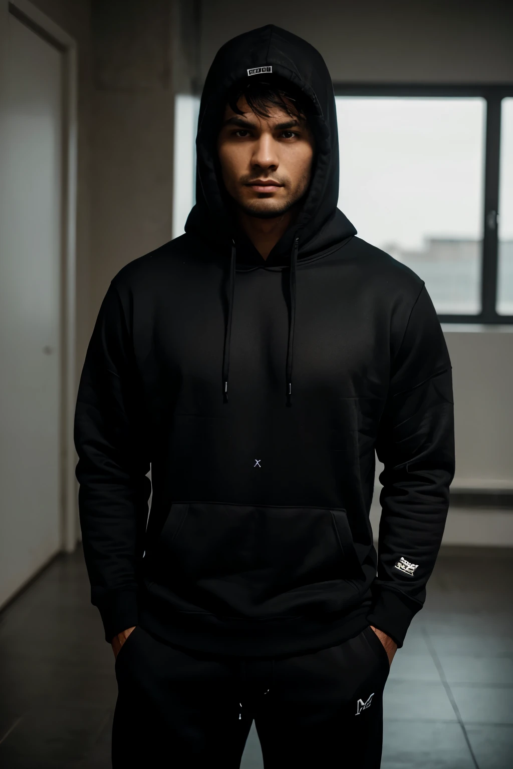 man wearing a black hoodie with black sweat pants with his arms crossed facing the camera
