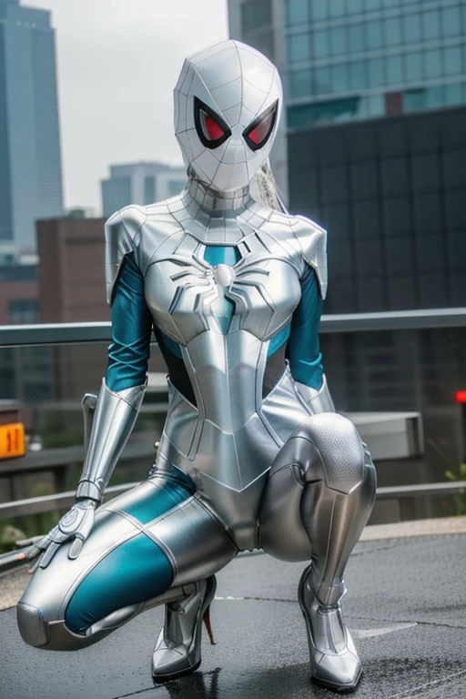 RAW photo, photo-realistic, ((Roseann Park)) as Spider Gwen, (((robotic armor suit, articulated armor suit, metallic armor suit)) or ((white spider-man suit))), spider-man, teal color accent, high heels((stilleto, platfoms)), spider, super hero, full body suit, armor, iron man, iron spider, medium white hair, beautiful face, rain, rooftop perch, masterpiece, intricate detail, perfect anatomy, ((masterpiece, best quality, highres, adult female)), realism, 1girl, TONED ABs, beautiful, intricate details, depth of field, 8k uhd, dslr, soft lighting, high quality, film grain, Fujifilm XT3