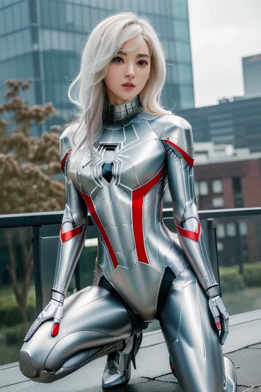 RAW photo, photo-realistic, ((Roseann Park)) as Spider Gwen, (((robotic armor suit, articulated armor suit, metallic armor suit)) or ((white spider-man suit))), spider-man, teal color accent, high heels((stilleto, platfoms)), spider, super hero, full body suit, armor, iron man, iron spider, medium white hair, beautiful face, rain, rooftop perch, masterpiece, intricate detail, perfect anatomy, ((masterpiece, best quality, highres, adult female)), realism, 1girl, TONED ABs, beautiful, intricate details, depth of field, 8k uhd, dslr, soft lighting, high quality, film grain, Fujifilm XT3