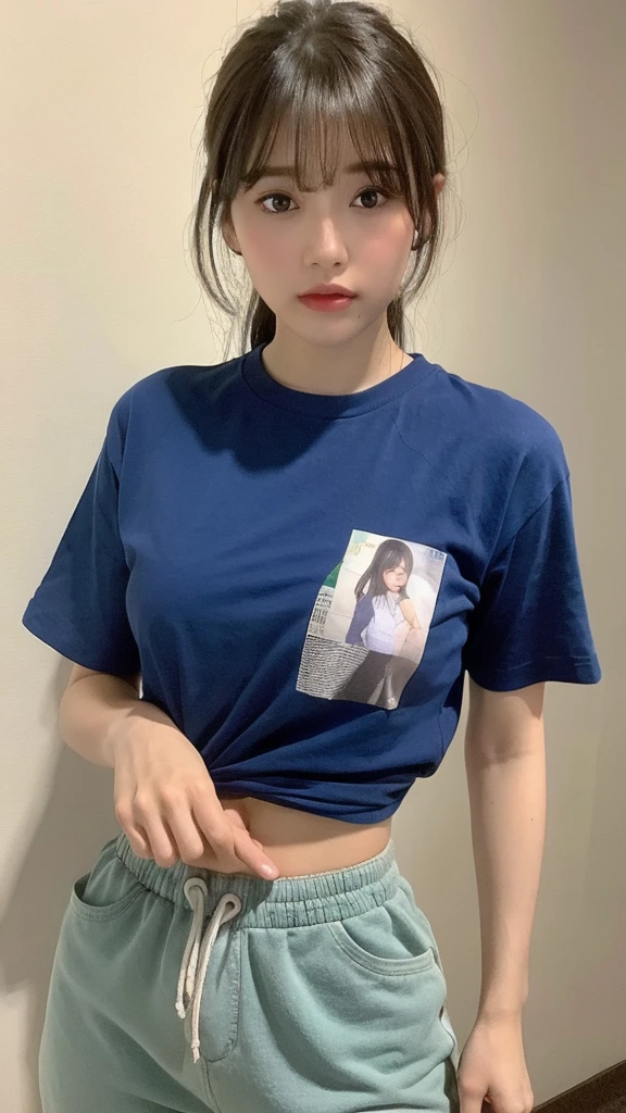 (real, High resolution:1.3), One girl with a perfect body, Baby Face , Very beautiful face and eyes , Medium hair with bangs, Random color slightly tight short sleeve T-shirt:1.2,Baggy sweatpants , Emphasis on constriction