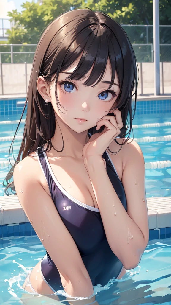 (((masterpiece))),(((High resolution))), (((perfect face)))、(((Japan beauty)))、15 years old, (((swimsuit))), ((top quality eyes)), detailed texture, ((high resolution face)), (at the swimming pool)
