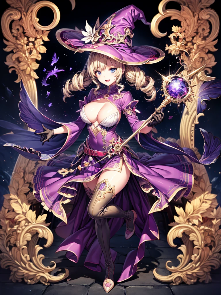 masterpiece, best quality, 1girl, solo, hat, blonde-hair, drill-hair, gloves, breasts, blue-eyes, witch-hat, thigh-boots, thighhighs, boots, elbow-gloves, open-mouth, staff, purple-headwear, smile, dress, full-body, simple-background, cleavage, large-breasts, looking-at-viewer, purple-dress, very-long-hair, purple-gloves, holding, purple-footwear, wand standing-on-one-leg, twin-drills, holding-staff, witch, black-footwear, puffy-sleeves
