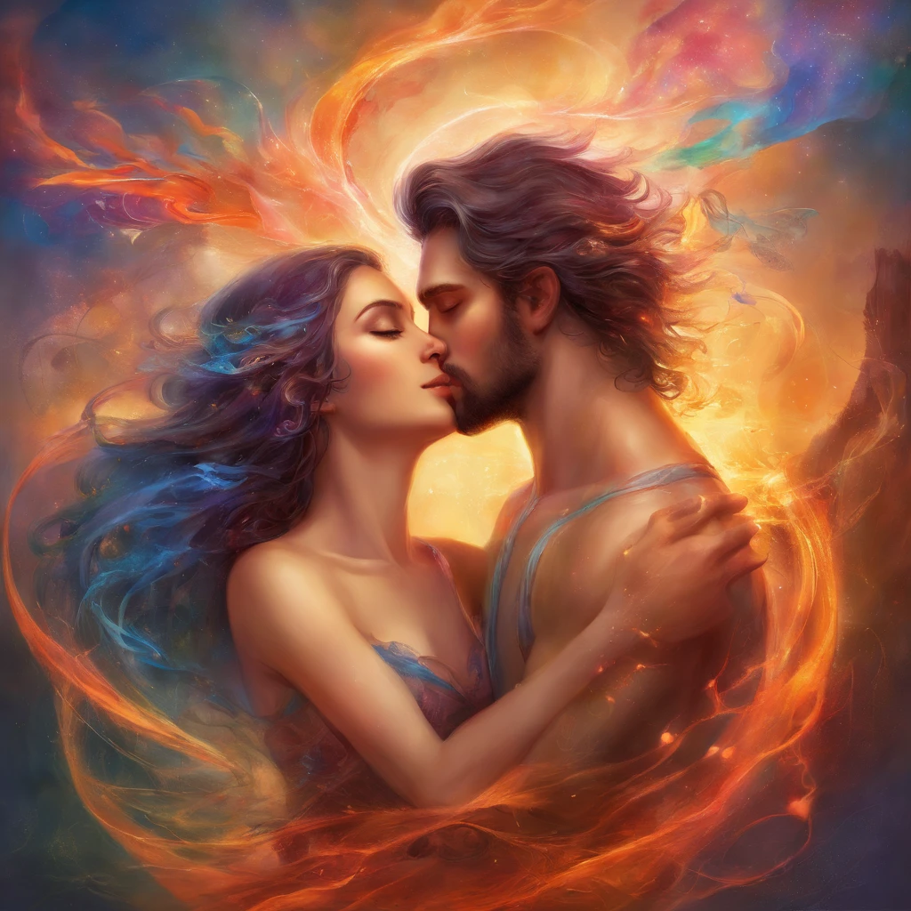 2 bodies fused together in an embrace, bodies merged, sharing the same chest, melted into each other, their love has transformed them into one being, faces merged and blended, digital art, hearts are entwined, love is discovered, beautiful rich colours, dynamic poses, sharing of light, 8k; high resolution, masterpiece, anatomically correct, perfect features, beauty, the viewer is struck with wonder and awe, passionate embrace, love’s kiss, love’s touch