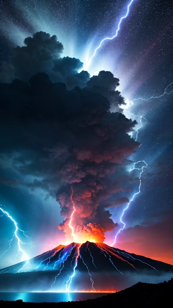 Dramatic Sky, Blue lightning style: masterpiece, highest quality, 8k, Sharp focus, Realistic, ((detailed)), ((Dynamic pose)), ((Good highlights)), (Perfect balance), (dynamic), (complicated), (Complementary Color), Good perspective, (Professional), (Awards)
ADDCOMM Volcanic Island Background Red Flames, Soft particles, explosion destruction green flame, Soft particles, Explosion destruction blue flame, Soft particles, Explosion volcanic island background