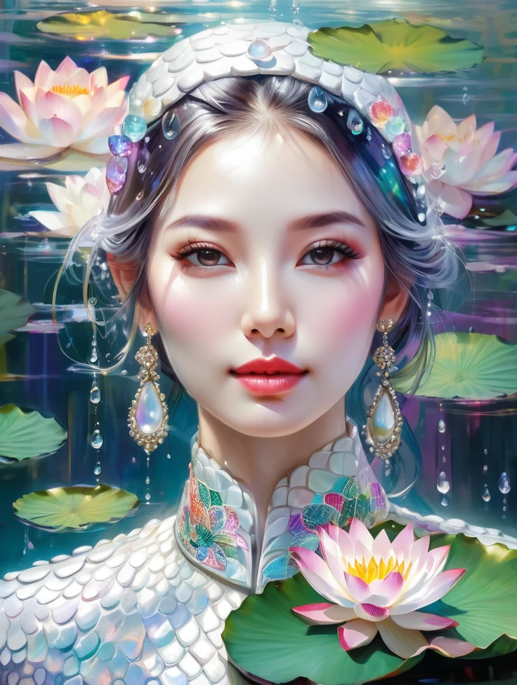 a pretty women, white crocodile, lake, lotus, Colorful colors, surrounded by water bubbles, in the style of Kawacy, Masterpiece, Oil painting drawn in realis style, head close - up, exaggerated perspective, Tyndall effect, water drops, mother - of - pearl iridescence, Holographic white,