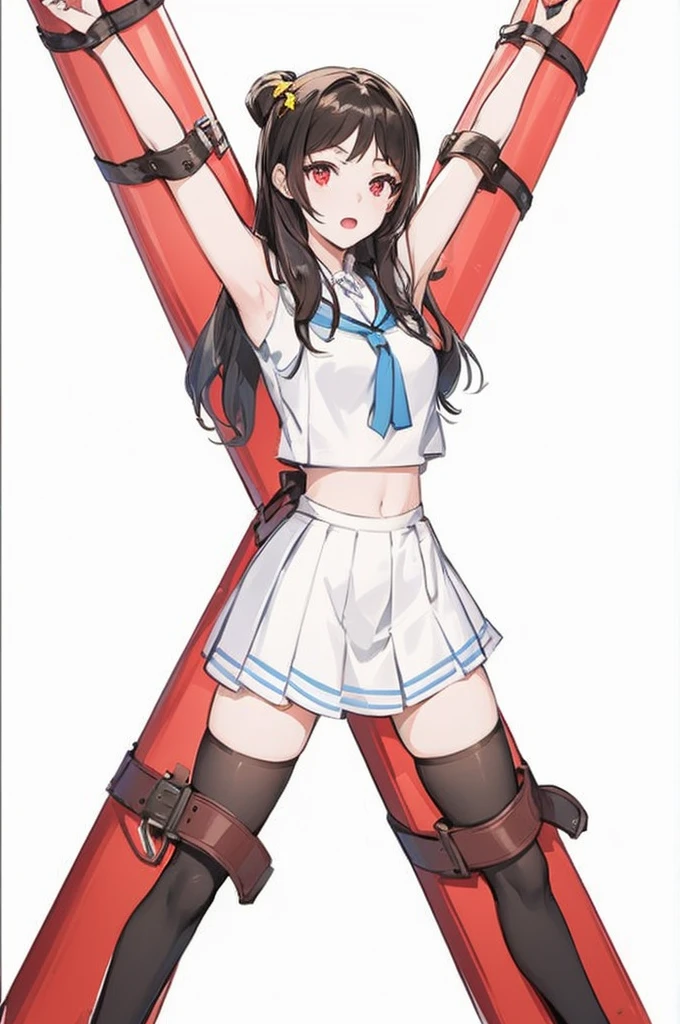 A young anime-style girl with long, dark hair and a yellow ribbon stands against a red X-frame. She is wearing a white sailor uniform with a blue tie and a short skirt. Her arms and legs are strapped to the frame with brown leather cuffs. The background is plain white, emphasizing the character and the frame. The girl has a slightly surprised expression with red eyes and a slightly open mouth.