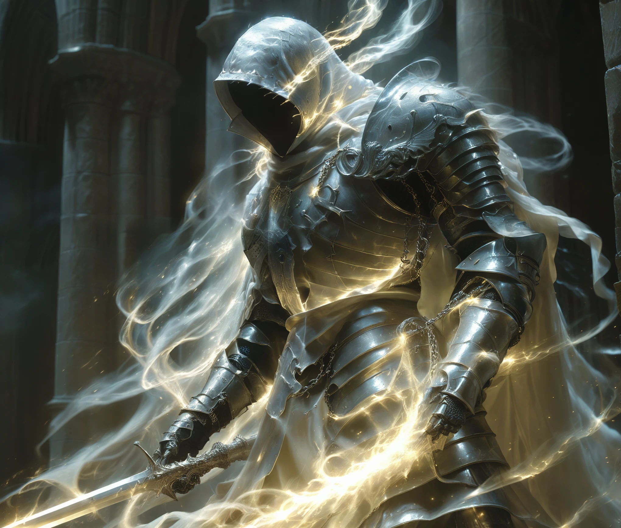 soul knight, diablo 2, archangel Tyrael in full armor and (long shining tentacle_like wings:1.8), (illuminating sword:1.6), (chained hood:1.8), full body, (from front:2), looking at viewer, in background a detailed cathedral, dark atmosphere, holding a book, angel wings