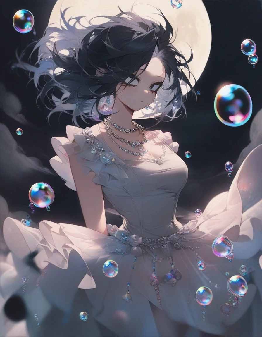 One girl, famale focus, boku no hero academia, with dark circles , mysterious ,ingenious , elegant heroin tack , black hair large , so beautiful, necklace moon ,levitating in bubbles