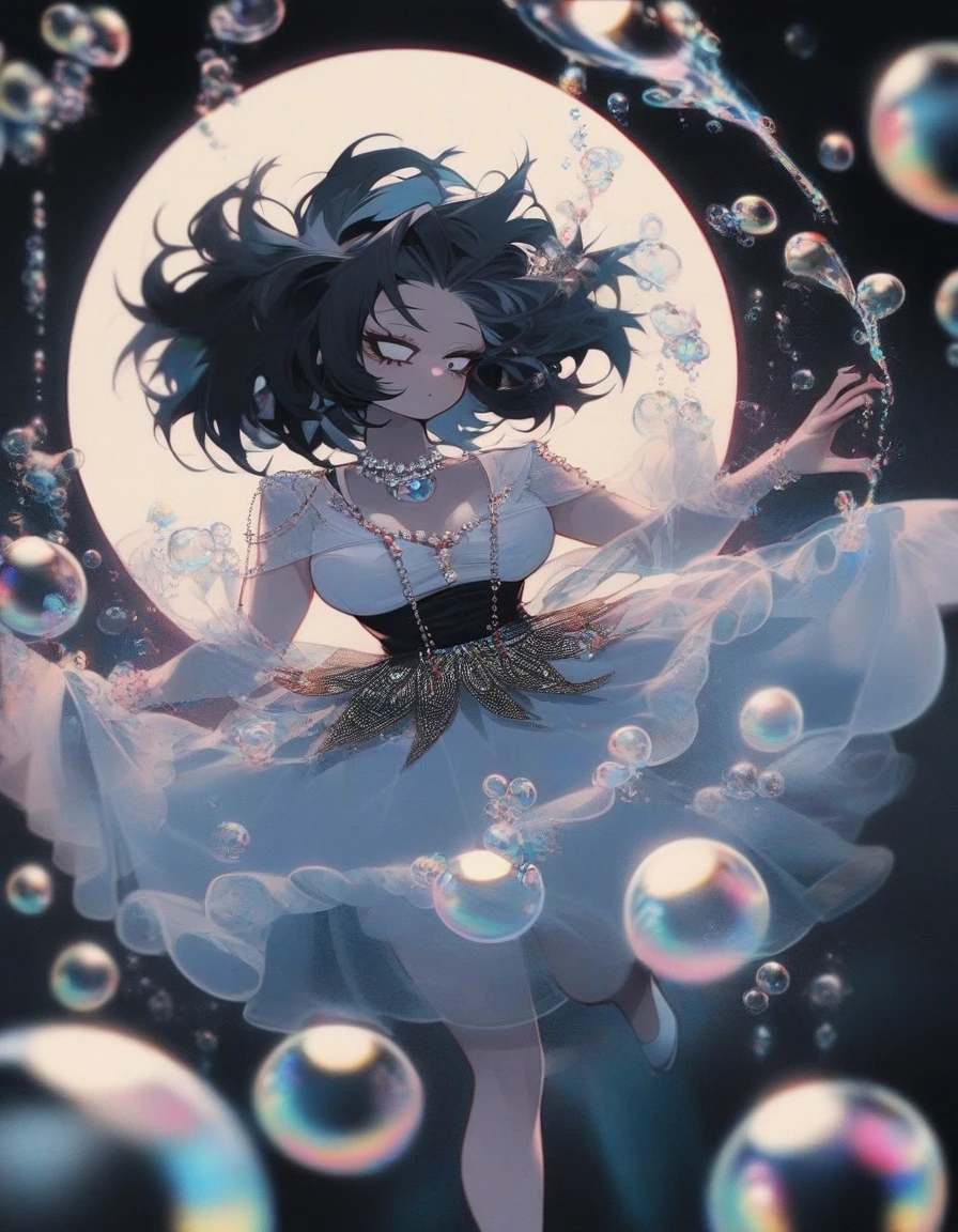 One girl, famale focus,  boku no hero academia, with dark circles   , mysterious ,ingenious , elegant heroin tack , black hair large , so beautiful, necklace moon ,levitating in bubbles  