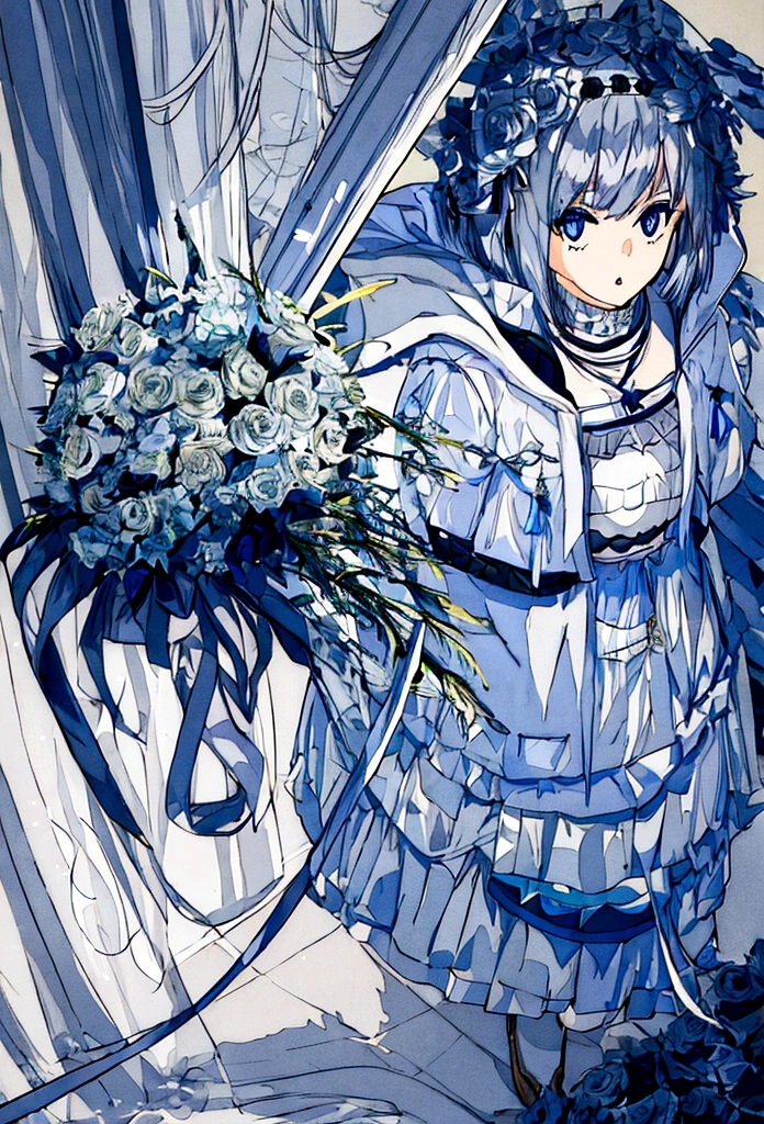 girl,Silver Hair,blue eyes,Bob,birthday,whole body,White hoodie,Grey shorts,bouquet