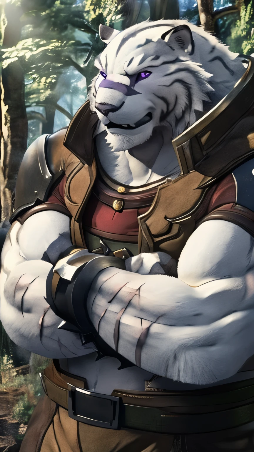 Mercenary, in the light. 4k, high resolution, best quality, perfect colors, perfect shadows, perfect lighting, posted on e621, furry body, solo, man, adult, bare chest, male, (very muscular, Grey-White, heavyweight, strong chest:1.2) , correct anatomy, (photorealistic fur, detailed fur, epic, masterpiece: 1.2), (background of a light fantasy world, trees, black sky, day, cold), (author Taran Skripach, author Chuni, author Traver009, author wfa:1.1) , (nudity: 1.2), (detailed eyes, purple eyes: 1.2), (half body: 1.1), serious face, strong posture, (large scars on the body, scars on the face: 1.1), visible breathing, erect penis, big penis, big penis, (veins, vessels: 1,2), proud, soft shadows, (crossed arms: 1,2), look at viewer, dirty fur, rough