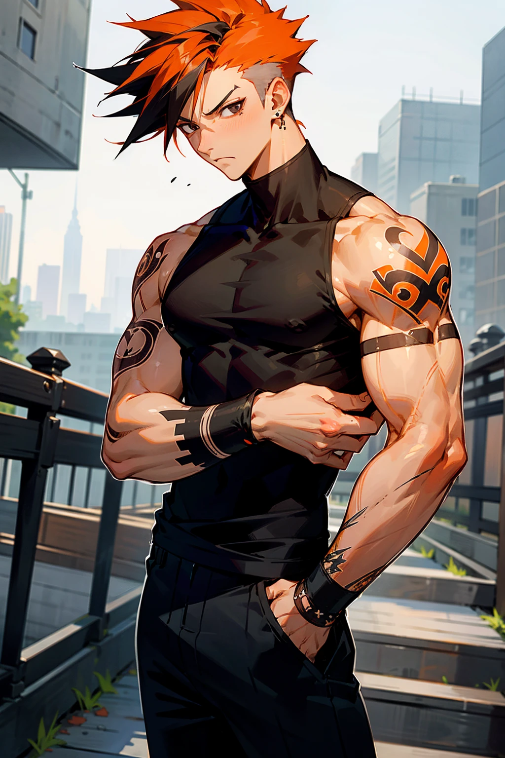 1male, half color hair, orange hair, black hair, black eyes, spiked hair, nonchalant expression, black tanktop, arm tattoos, lean, black pants, city background, standing on path, hands to side, detailed background