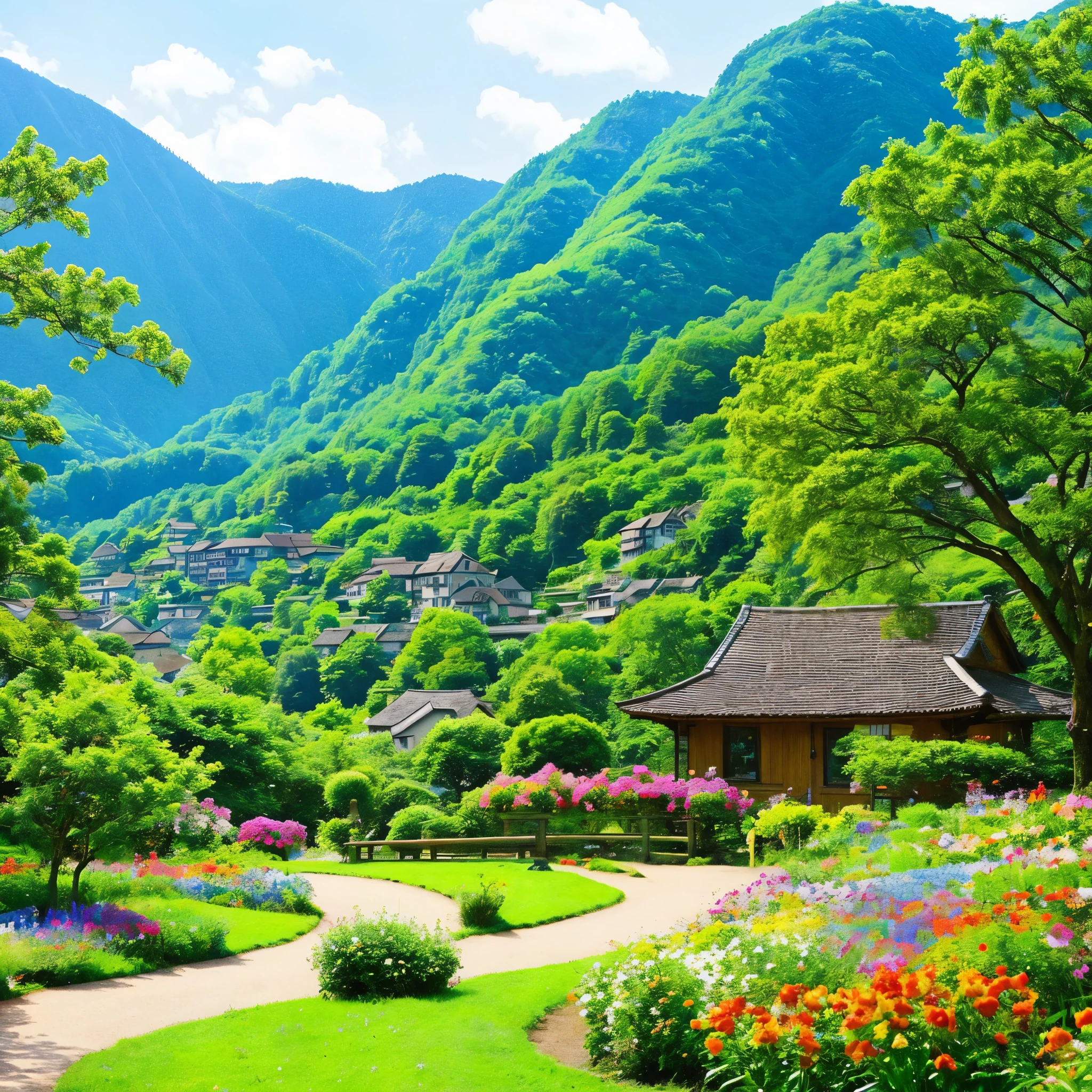 "Small village landscape、A tranquil park scene with lush greenery and quaint buildings。。The village scenery spreads、In the distance you can see mountains and rivers、In the background of the park is an old-fashioned house々Lined up、People walking along the road々There is a small drawing of。The color scheme is based on natural green.、The vibrant colors of the flowers are an accent、。Overall、The warmth and tranquility of the beginning of love、It creates a romantic and peaceful atmosphere that conveys a sense of security and joy in the other person&#39;s presence.。", High resolution, masterpiece, highest quality, Intricate details, Very detailed, Clear focus, Delicate skin, practical skin texture, texture, Delicate eyes, Professional, 4K, Shot with Canon, 85mm, Shallow and deep,  Kodak Vision Color, Exactly, Very detailed, photograph_\(Extremist\), photographpractical, practical, Post-processing, Maximum details, Roughness, Real Life, Extremist practical, Photorealism, photographgraphy, 8K Ultra HD, photographgraphy