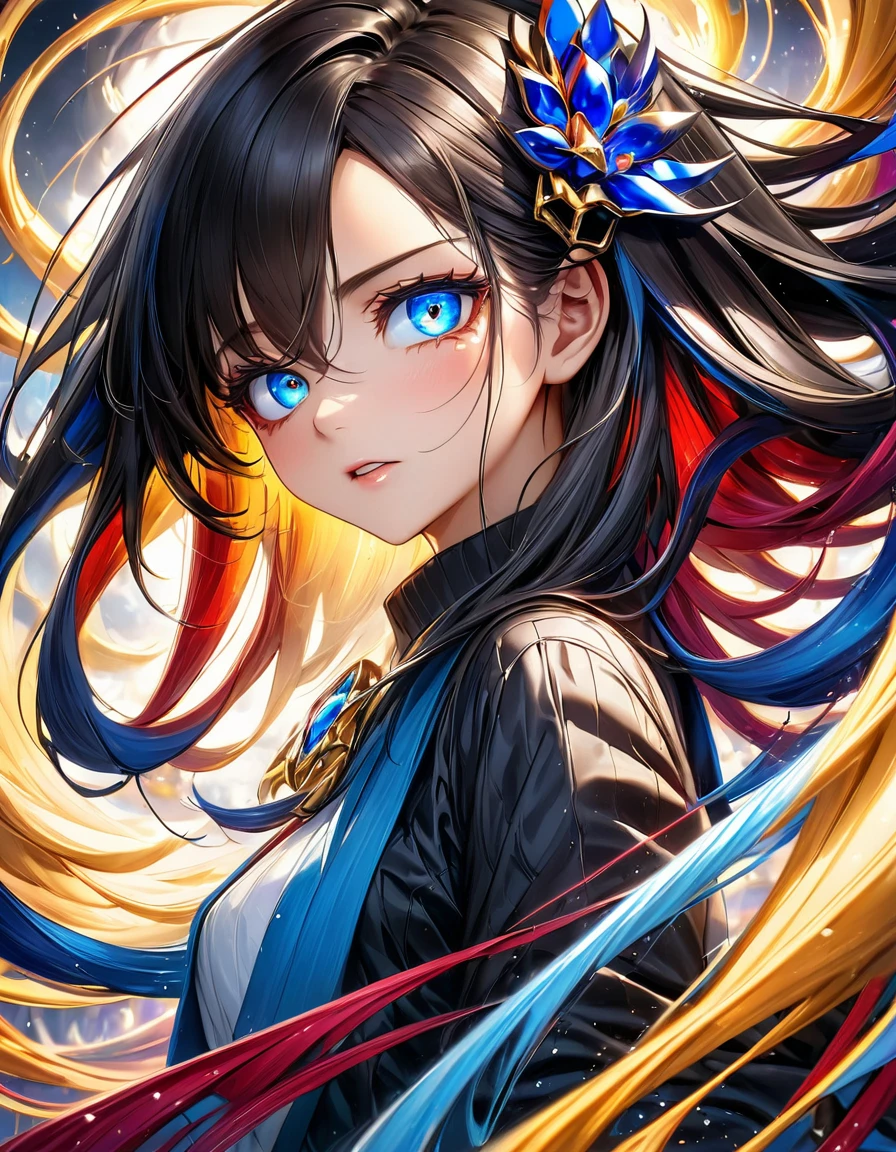 atmosfera gold diamond terror dark furious evil Venom In a mesmerizing cascade of color and light, an enchanting anime girl candroites viewers with her ethereal beauty. Her delicate features are framed by cascading locks of shimmering long golden black hair, her wide, expressive eyes big BLUE red radiating with emotion. A digital painting brings this stunning character to life, depicting her in intricate detail with a seamless blend of realism and fantasy. Every brushstroke and pixel showcases the artist's skill and dedication, making this image a