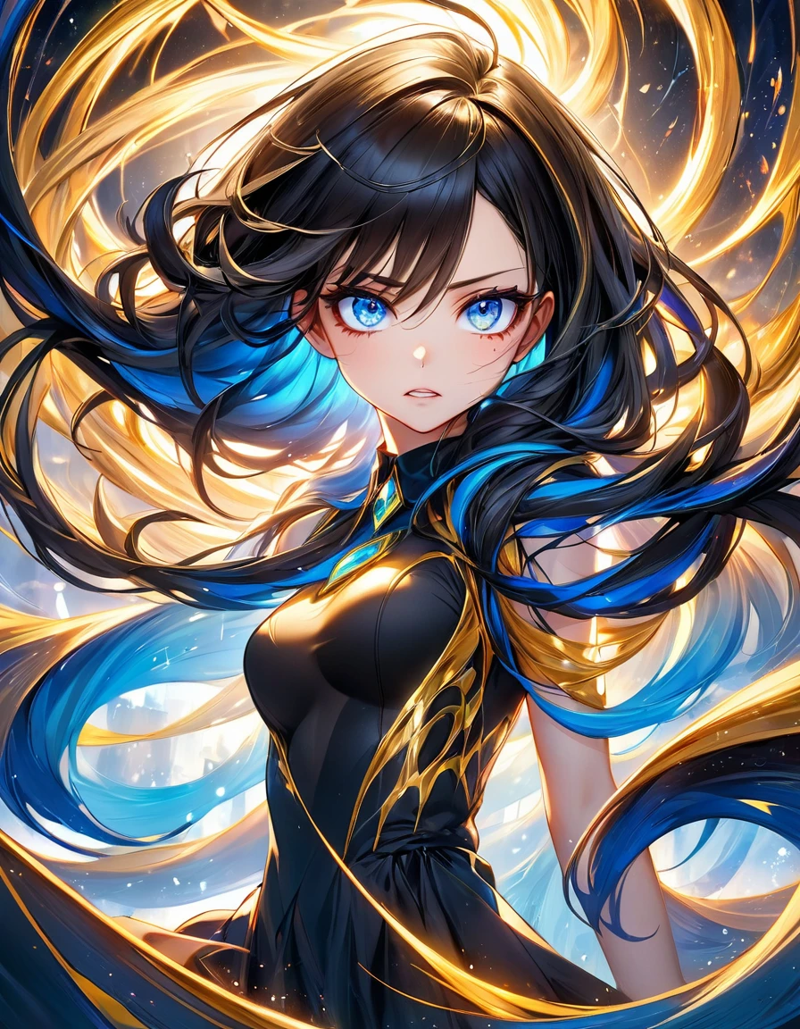atmosfera gold diamond terror dark furious evil Venom In a mesmerizing cascade of color and light, an enchanting anime girl candroites viewers with her ethereal beauty. Her delicate features are framed by cascading locks of shimmering long golden black hair, her wide, expressive eyes big BLUE red radiating with emotion. A digital painting brings this stunning character to life, depicting her in intricate detail with a seamless blend of realism and fantasy. Every brushstroke and pixel showcases the artist's skill and dedication, making this image a