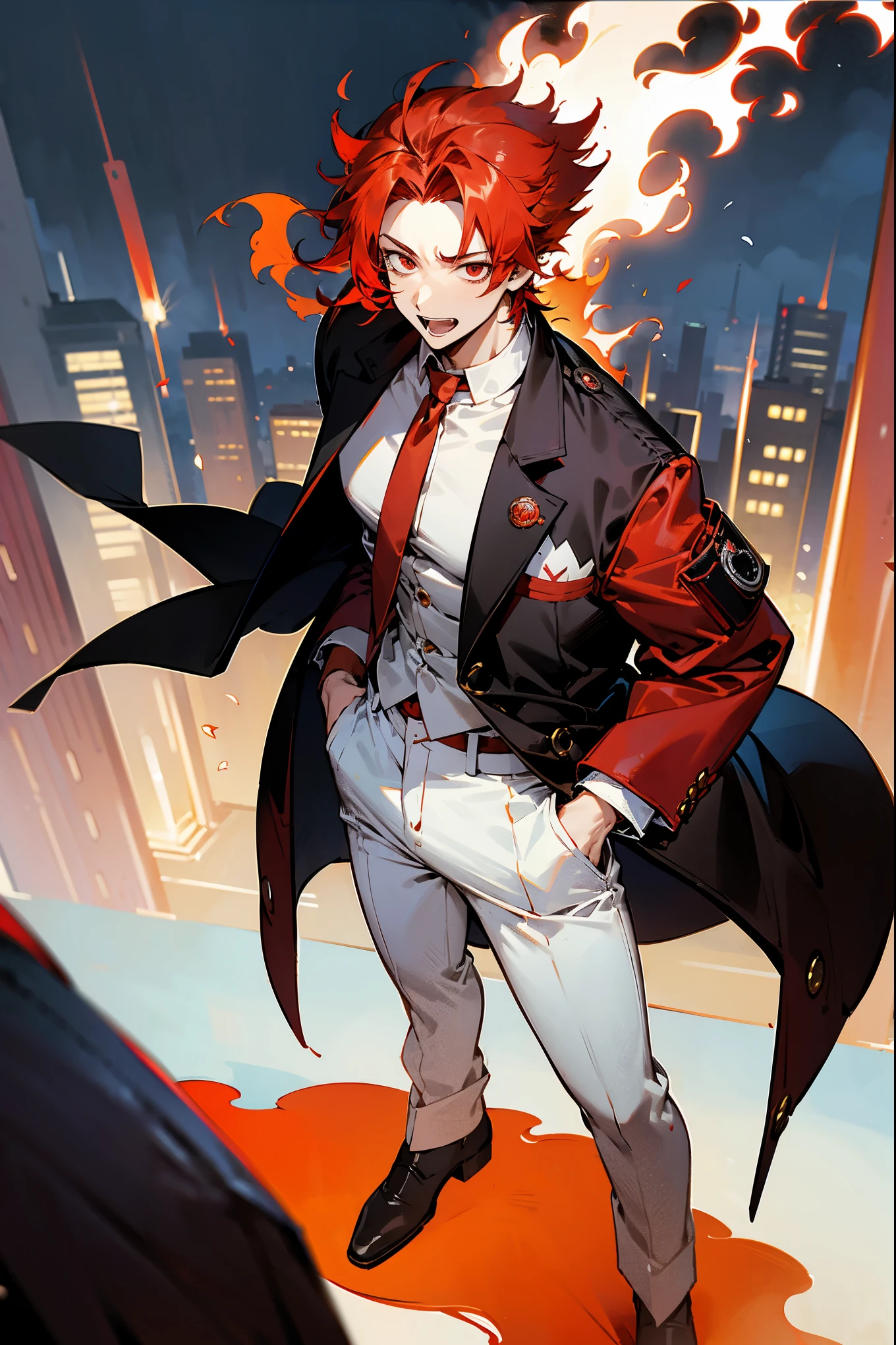 1male, flaming hair, red hair, red eyes, excited expression, wolf cut hair, black undershirt, red jacket, white pants, standing on path, hands to side, city background, detailed background