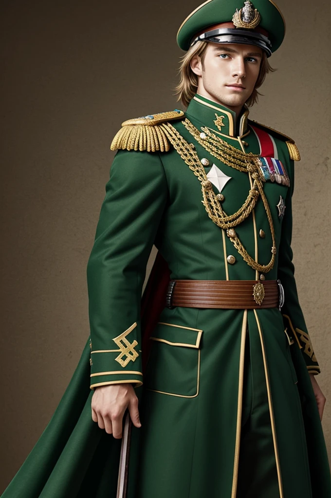 Concept art of a 20 year old brown blonde haired European king in green Austrian imperial uniform with a Boku no hero design