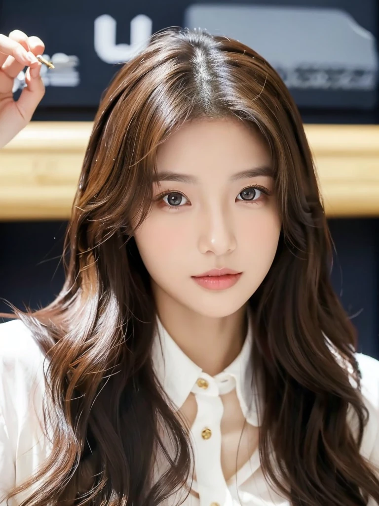 Han Julie is a young Korean woman in her 30s. Her hair is long and wavy in a dark blonde colors.
Her face is oval and marked by her large brown eyes, which carry a cold, unexpressive face. Her skin is radiant and clear, presenting an impeccable state of health and her curved lips.
Her height is medium, her body athletic and defined, with the most charming and provocative. It contrasts and matches their personalities.
She is in her office at the company wearing a navy jeans and white shirt.