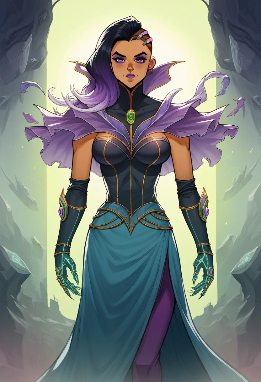 Realistic conceptual art in Egypt, young adult woman neko ((woman):0.2) (cat ears), (1girl) dark skin tone, long clothes covering her entire body, ancient scriptures, beautiful short hair with green tips, symmetrical eyes, medium breasts, beautiful emerald colored eyes, soft light, detailed face, sensual smile, long tail, conceptual art, digital painting, well-defined and symmetrical body, epic fantasy, beautifully lit, hyper-detailed, beautifully color-coded, insane detail, trend in artstation, 8k, cinematic, arms corrupted with purple hellish details.