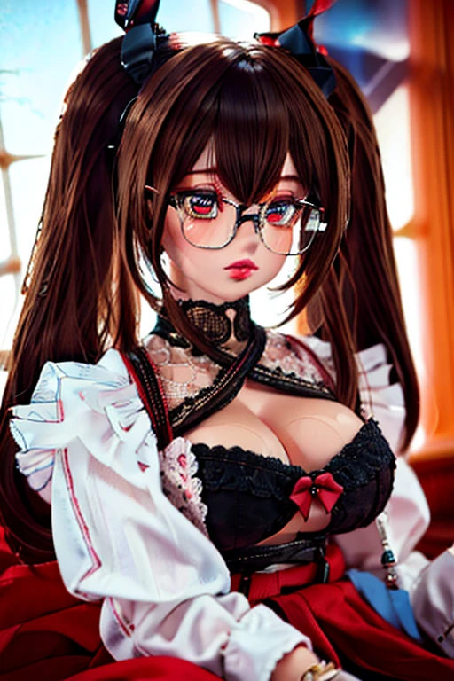 a woman with an attractive, voluptuous, and overweight build, wearing a red thong, with brown hair tied in two pigtails, wearing glasses, detailed face, beautiful detailed eyes, beautiful detailed lips, extremely detailed eyes and face, long eyelashes, photorealistic, cinematic lighting, intricate details, high quality, 8k, realistic, masterpiece, vibrant colors, dramatic lighting