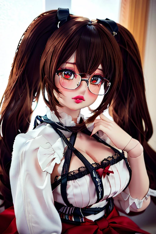 a woman with an attractive, voluptuous, and overweight build, wearing a red thong, with brown hair tied in two pigtails, wearing glasses, detailed face, beautiful detailed eyes, beautiful detailed lips, extremely detailed eyes and face, long eyelashes, photorealistic, cinematic lighting, intricate details, high quality, 8k, realistic, masterpiece, vibrant colors, dramatic lighting