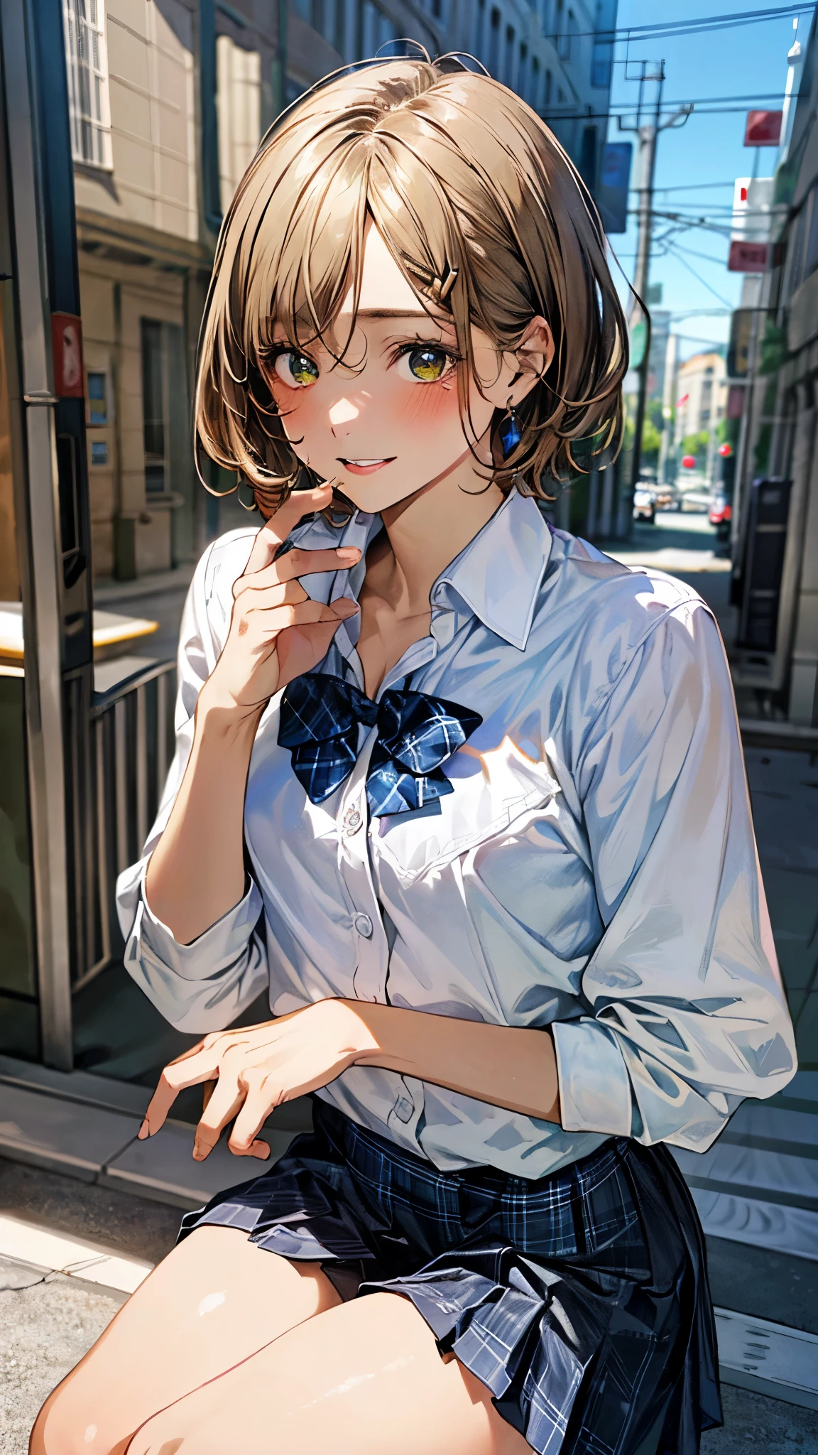 (masterpiece:1.3, top-quality, ultra high res, ultra detailed), (realistic, photorealistic:1.3), beautiful illustration, perfect lighting, natural lighting, colorful, depth of fields, ,
beautiful detailed hair, beautiful detailed face, beautiful detailed eyes, beautiful clavicle, beautiful body, beautiful chest, beautiful thigh, beautiful legs, beautiful fingers, shiny skin, 
looking at viewer, 1 girl, junior high school girl, 12 years old, (perfect anatomy, anatomically correct, super detailed skin), cute and symmetrical face, babyface, perfect face, perfect eyes, , 
(short hair:1.7, lob hair, sideburns:1.4, light brown hair), bangs, emerald green eyes, big eyes, long eye lasher, (medium breasts, seductive thighs), slender, skin dendation, 
(detailed cloth texture, long sleeve white collared shirt, dark blue bow tie, dark blue pleated skirt:1.2), ,
(beautiful scenery), summer, evening, (downtown:1.2), standing, (eatting crepe), (happy smile, upper eyes, open mouth small), 
