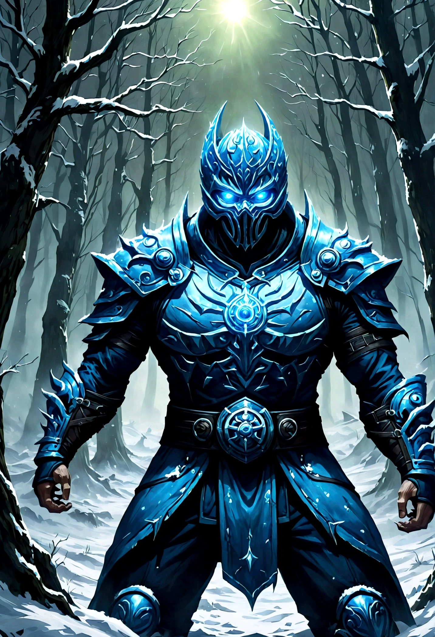 Horror-themed, Sub-Zero Mortal Kombat style, fictional universe consisting of numerous realms, Sub-Zero,Kuai Liang,Tundra,blue outfit,LK-520,a man in a blue outfit holding a knife,solo,blue eyes,1boy,weapon,male focus,outdoors,armor,tree,mask,glowing,helmet,nature,glowing eyes,snow,forest , Live-action, white sclera eyes, muscular, fitness, fighters, Action-adventure, brutal and gruesome, Mortal Kombat style, mk style, Eerie, unsettling, dark, spooky, suspenseful, grim, highly detailed