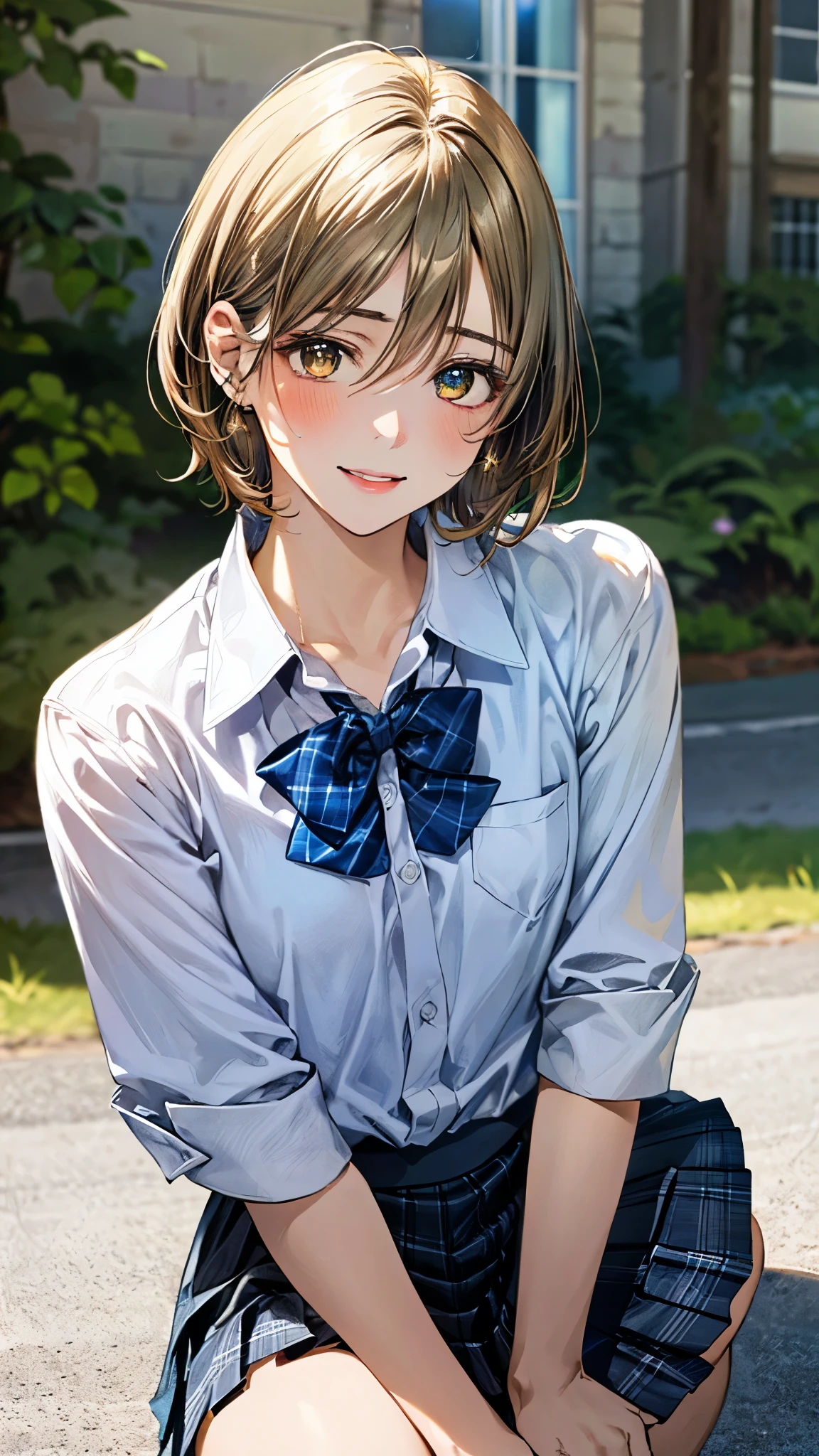 (masterpiece:1.3, top-quality, ultra high res, ultra detailed), (realistic, photorealistic:1.4), beautiful illustration, perfect lighting, natural lighting, colorful, depth of fields, ,
beautiful detailed hair, beautiful detailed face, beautiful detailed eyes, beautiful clavicle, beautiful body, beautiful chest, beautiful thigh, beautiful legs, beautiful fingers, shiny skin,
looking at viewer, 1 girl, high school girl, (perfect anatomy, anatomically correct, super detailed skin), cute and symmetrical face, babyface, perfect face, perfect eyes, , (tiny),
(short hair, curvy hair, yellow ocher hair), swept bangs, hair between eyes, gold, eyes, drooping eyes, big eyes, long eye lasher, (small breasts, thin thighs), skin dendation,
(detailed cloth texture, light green collared shirt, cobalt blue pleated skirt, pink heart hairpin, ), , break, blue plaid bow tie, break,
(beautiful scenery), day time, (prairie:1.1), squatting, (lovely smile, upper eyes, parted lips),