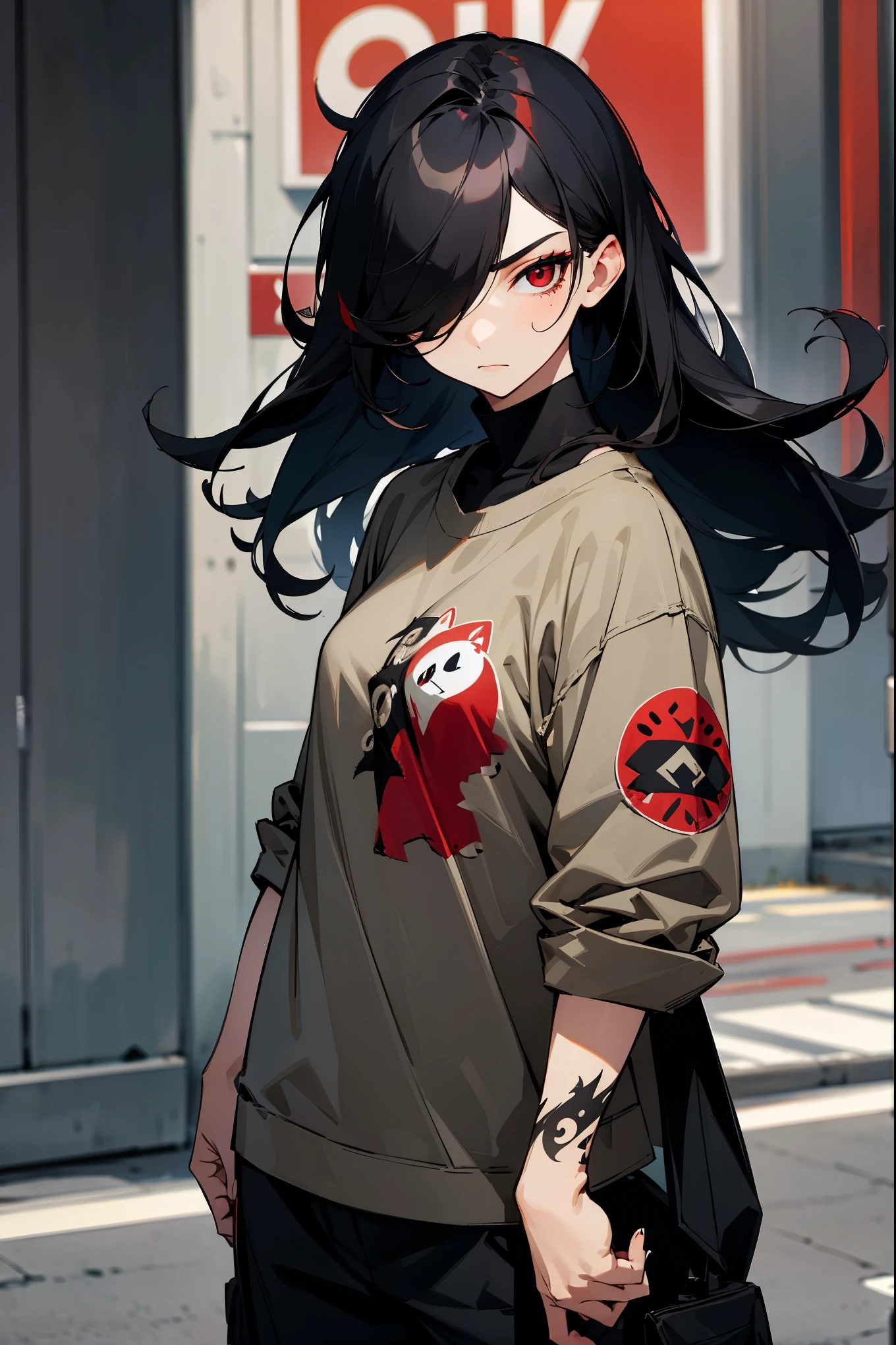 1female, black hair, hair over one eye, red eye, serious expression, commanding, animal tattoos, casual modern clothing, baggy clothing, city background, detailed background