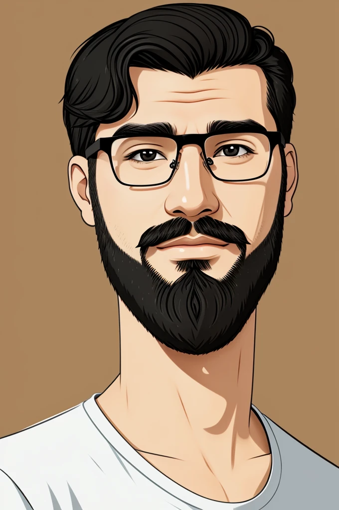 Cartoon of a 30-year-old man with wavy black hair with little beard, glasses and a mole on his right cheek 