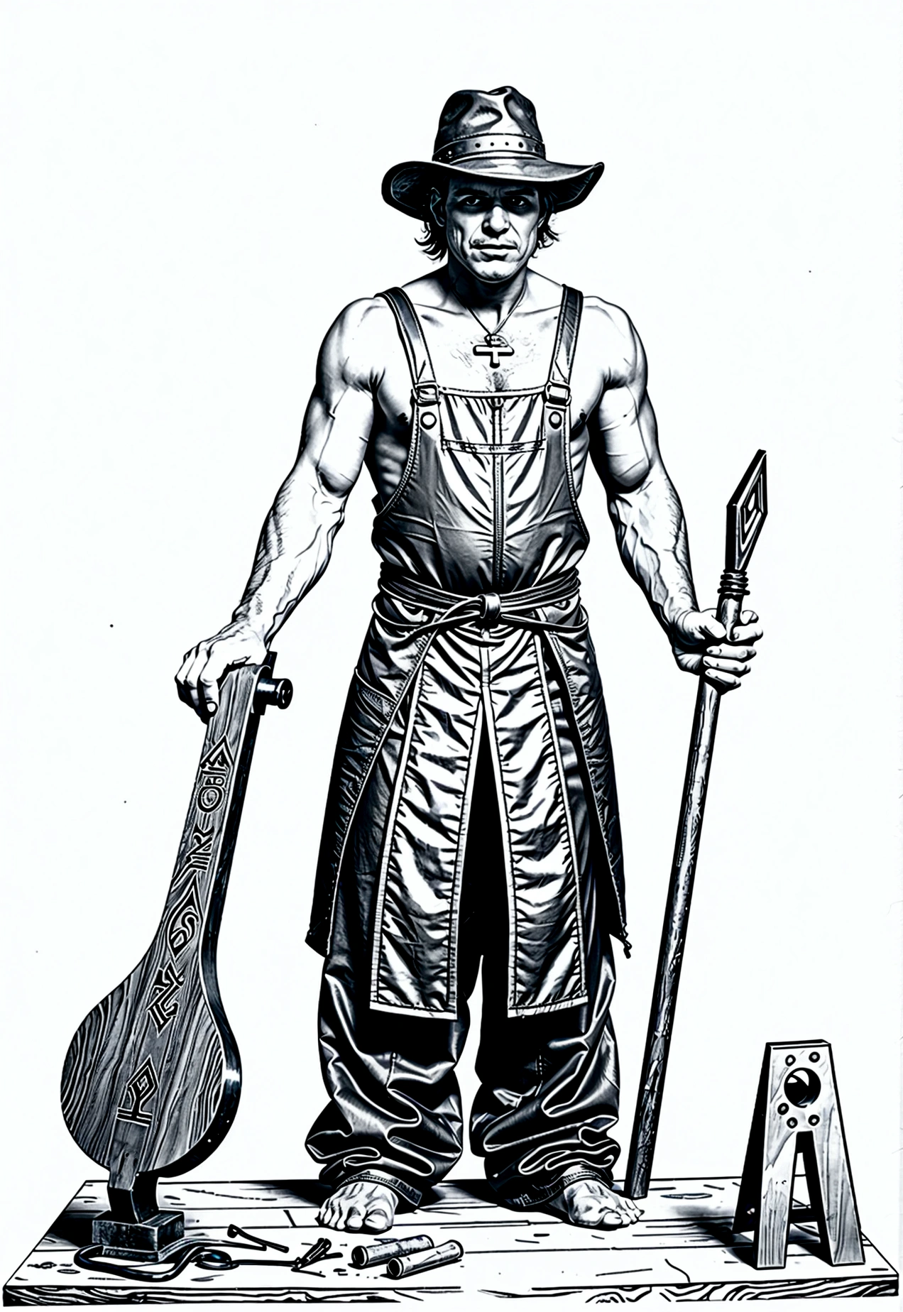 Traditional Blacksmith: Grey and white only, Book page coloring art. All-white background. Use only outlines, line art. Clean line art for coloring. Simple and clean line art, coloring book page. Perfect symmetric details. A traditional blacksmith workshop with a blazing forge, anvils and hammers on workbenches, sparks flying as the blacksmith shapes metal into tools and horseshoes.