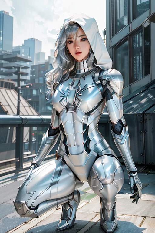 RAW photo, photo-realistic, ((Roseann Park)) as Spider Gwen, (((robotic armor suit, articulated armor suit, metallic armor suit)) or ((white spider-man suit))), spider-man, teal color accent, high heels((stilleto, platfoms)), spider, super hero, full body suit, armor, iron man, iron spider, medium white hair, beautiful face, rain, rooftop perch, masterpiece, intricate detail, perfect anatomy, ((masterpiece, best quality, highres, adult female)), realism, 1girl, TONED ABs, beautiful, intricate details, depth of field, 8k uhd, dslr, soft lighting, high quality, film grain, Fujifilm XT3