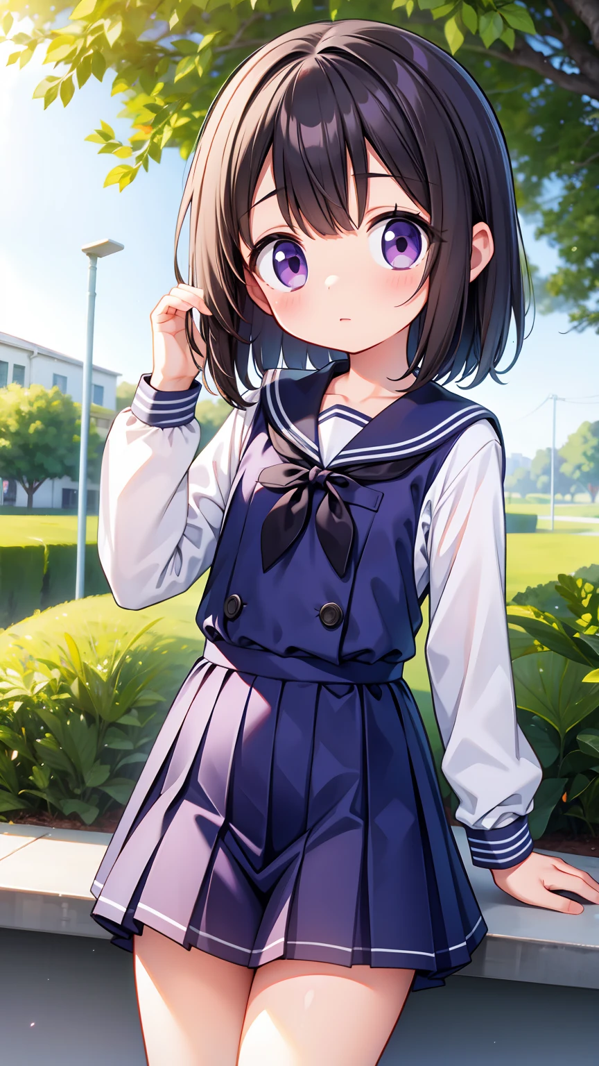 (High quality), (masterpiece), (very detailed), girl, (flat chest:1.6), short brown hair, purple eyes, shy face, primary school girl, white blouse, black skirt with pleats, (loli), showing her thighs, on the school yard, sunny, school girl, (sailor uniform), confessing his love towards the viewer, spectator looked under her, adorable eyes, (school uniform)