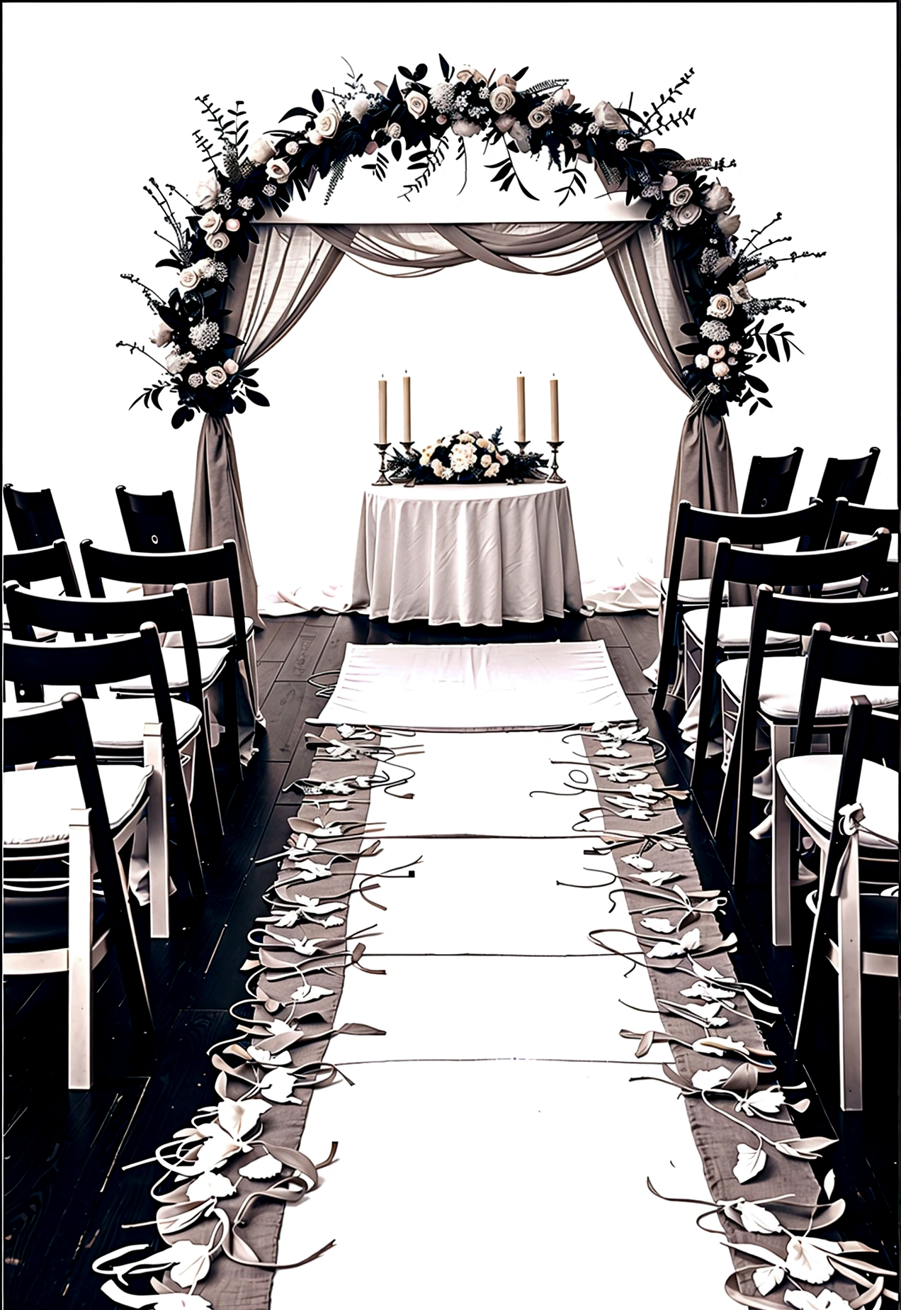 Country Wedding: Grey and white only, Book page coloring art. All-white background. Use only outlines, line art. Clean line art for coloring. Simple and clean line art, coloring book page. Perfect symmetric details. A joyful country wedding celebration with a bride and groom under a floral arch, guests in festive attire, tables set for a feast, and musicians playing lively tunes.